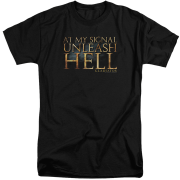 Black men's tall fit t-shirt with Gladiator Unleash Hell graphic