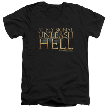 Black men's v-neck t-shirt with Gladiator Unleash Hell graphic