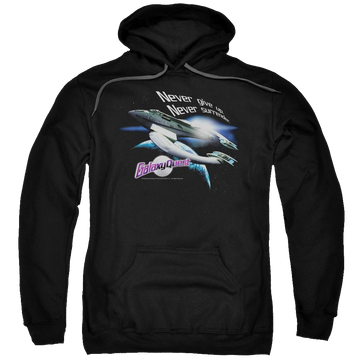 Black pullover hoodie with Galaxy Quest Never Surrender graphic