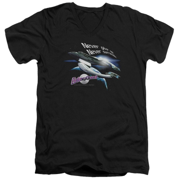 Black men's v-neck t-shirt with Galaxy Quest Never Surrender graphic