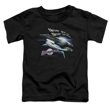 Black toddler t-shirt with Galaxy Quest Never Surrender graphic