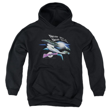 Black youth hoodie for ages 8 to 12 with Galaxy Quest Never Surrender graphic