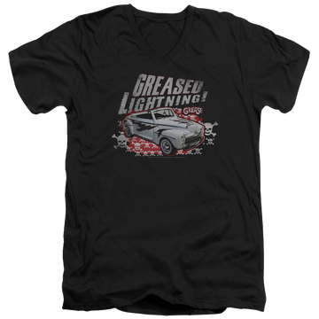 Black men's v-neck t-shirt with Greased Lightening graphic