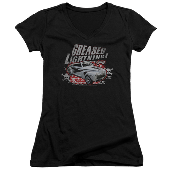 Black juniors v-neck t-shirt with Greased Lightening graphic