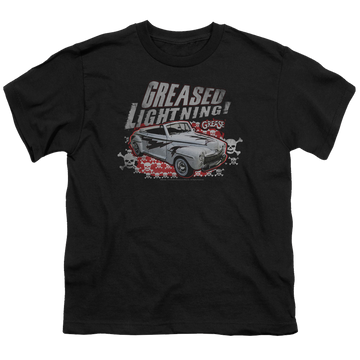 Black youth t-shirt for ages 8 to 12 with Greased Lightening graphic