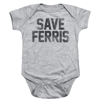 Athletic heather baby bodysuit with Ferris Bueller's Day Off Save Ferris graphic