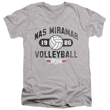 Athletic heather men's v-neck t-shirt with Top Gun Nas Miramar Volleyball graphic