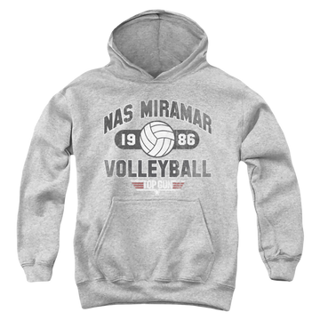 Athletic heather youth hoodie for ages 8 to 12 with Top Gun Nas Miramar Volleyball graphic