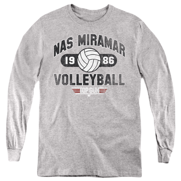 Athletic heather youth long sleeve t-shirt with Top Gun Nas Miramar Volleyball graphic