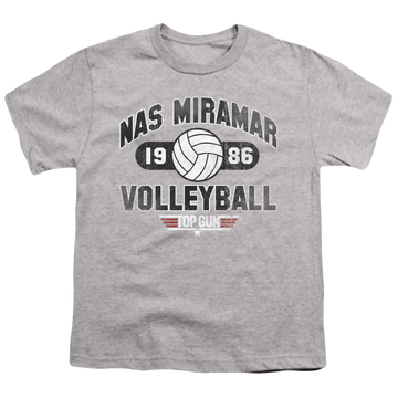 Athletic heather youth t-shirt for ages 8 to 12 with Top Gun Nas Miramar Volleyball graphic