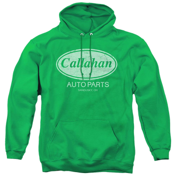 Kelly green pullover hoodie with Tommy Boy Callahan Auto graphic