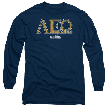 Navy men's long sleeve t-shirt with Old School Leo graphic
