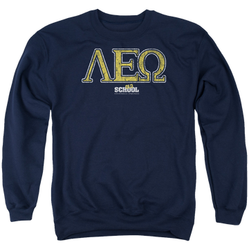 Navy men's crewneck sweatshirt with Old School Leo graphic