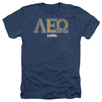 Navy men's heather t-shirt with Old School Leo graphic