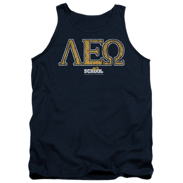 Navy men's tank with Old School Leo graphic