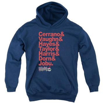 Navy youth hoodie for ages 8 to 12 with Major League Team Roster graphic