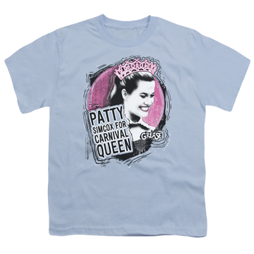 Light blue youth t-shirt for ages 8 to 12 with Grease Carnival Queen graphic