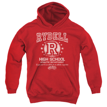 Red youth hoodie for ages 8 to 12 with Grease Rydell High graphic