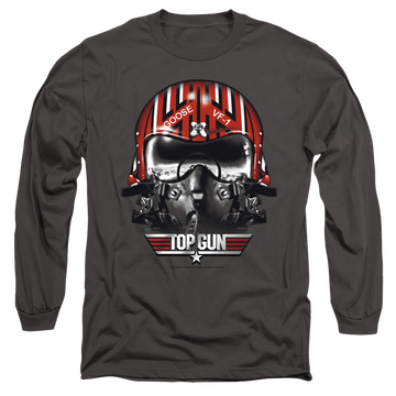 Charcoal men's long sleeve t-shirt with Top Gun Goose Helmet graphic