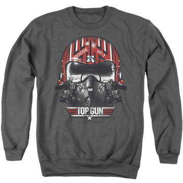 Charcoal men's crewneck sweatshirt with Top Gun Goose Helmet graphic