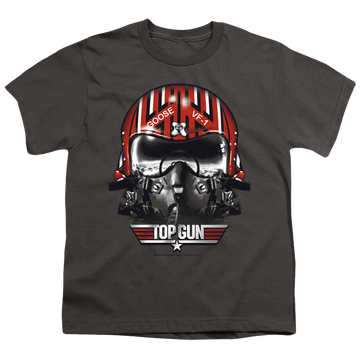 Charcoal youth t-shirt for ages 8 to 12 with Top Gun Goose Helmet graphic
