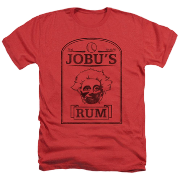 Red men's heather t-shirt with Major League Jobus Rum graphic
