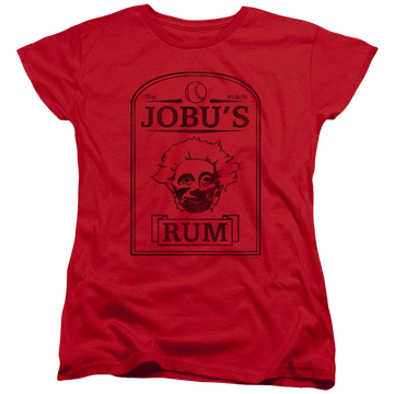 Red women's t-shirt with Major League Jobus Rum graphic