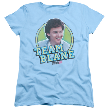 Light blue women's t-shirt with Pretty in Pink Team Blane graphic
