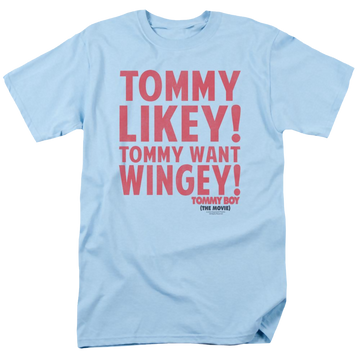 Light blue men's regular fit t-shirt with Tommy Boy Want Wingey graphic