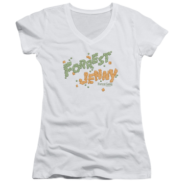 White juniors v-neck t-shirt with Forrest Gump Peas And Carrots graphic