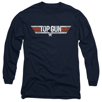 Navy men's long sleeve t-shirt with Top Gun Distressed Logo graphic