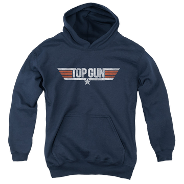 Navy youth hoodie for ages 8 to 12 with Top Gun Distressed Logo graphic