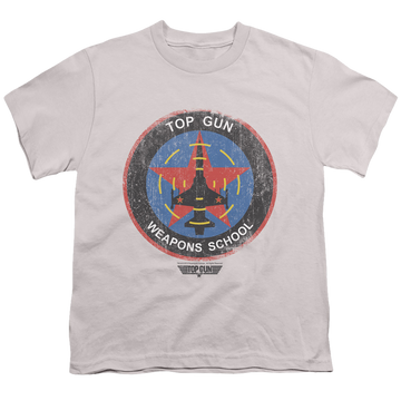 Silver youth t-shirt for ages 8 to 12 with Top Gun Flight School Logo graphic