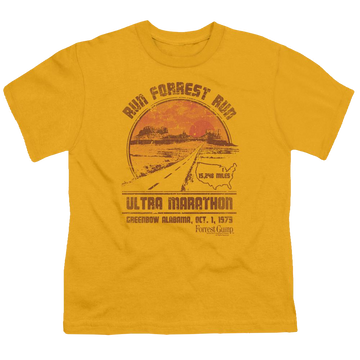 Gold youth t-shirt for ages 8 to 12 with Forrest Gump Ultra Marathon graphic