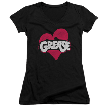 Black juniors v-neck t-shirt with Grease Heart graphic