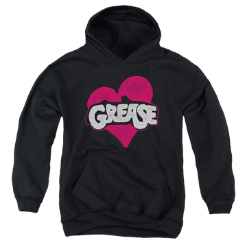 Black youth hoodie for ages 8 to 12 with Grease Heart graphic