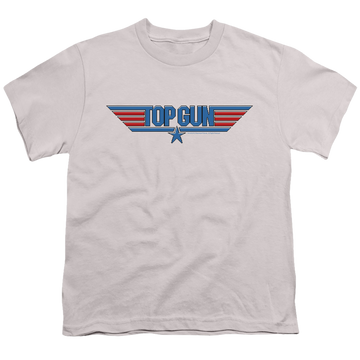 Silver youth t-shirt for ages 8 to 12 with Top Gun 8 Bit Logo graphic