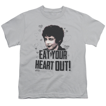 Silver youth t-shirt for ages 8 to 12 with Grease Eat Your Heart Out graphic