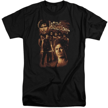 Black men's tall fit t-shirt with The Warriors 9 Warriors graphic