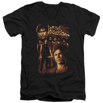 Black men's v-neck t-shirt with The Warriors 9 Warriors graphic