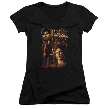 Black juniors v-neck t-shirt with The Warriors 9 Warriors graphic
