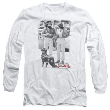 White men's long sleeve t-shirt with Cheech & Chong Up in Smoke Square graphic