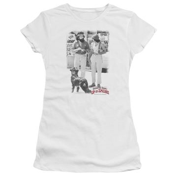 White juniors t-shirt with Cheech & Chong Up in Smoke Square graphic