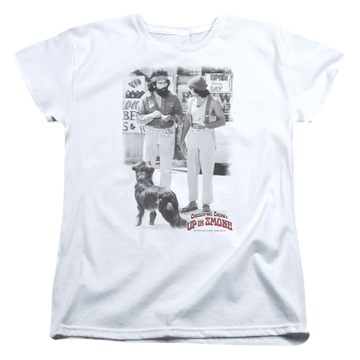 White women's t-shirt with Cheech & Chong Up in Smoke Square graphic