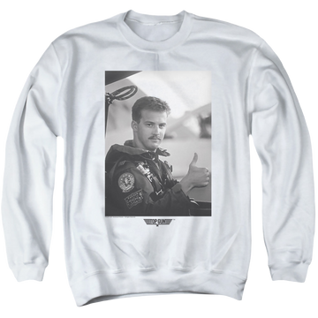 White men's crewneck sweatshirt with Top Gun Wingman graphic