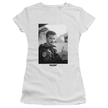 White juniors t-shirt with Top Gun Wingman graphic