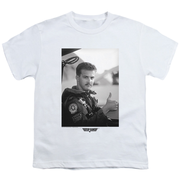White youth t-shirt for ages 8 to 12 with Top Gun Wingman graphic