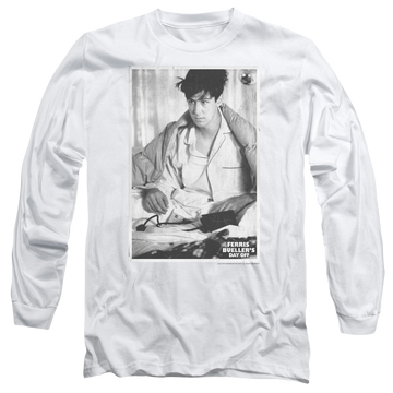 White men's long sleeve t-shirt with Ferris Bueller's Day Off Cameron graphic