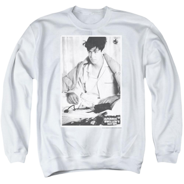 White men's crewneck sweatshirt with Ferris Bueller's Day Off Cameron graphic