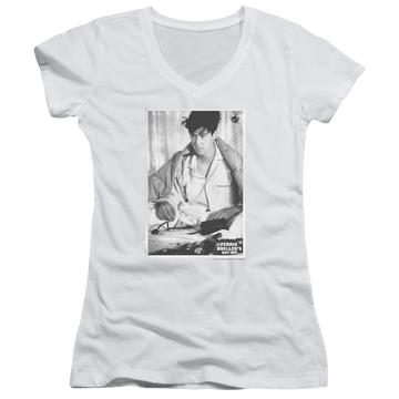 White juniors v-neck t-shirt with Ferris Bueller's Day Off Cameron graphic